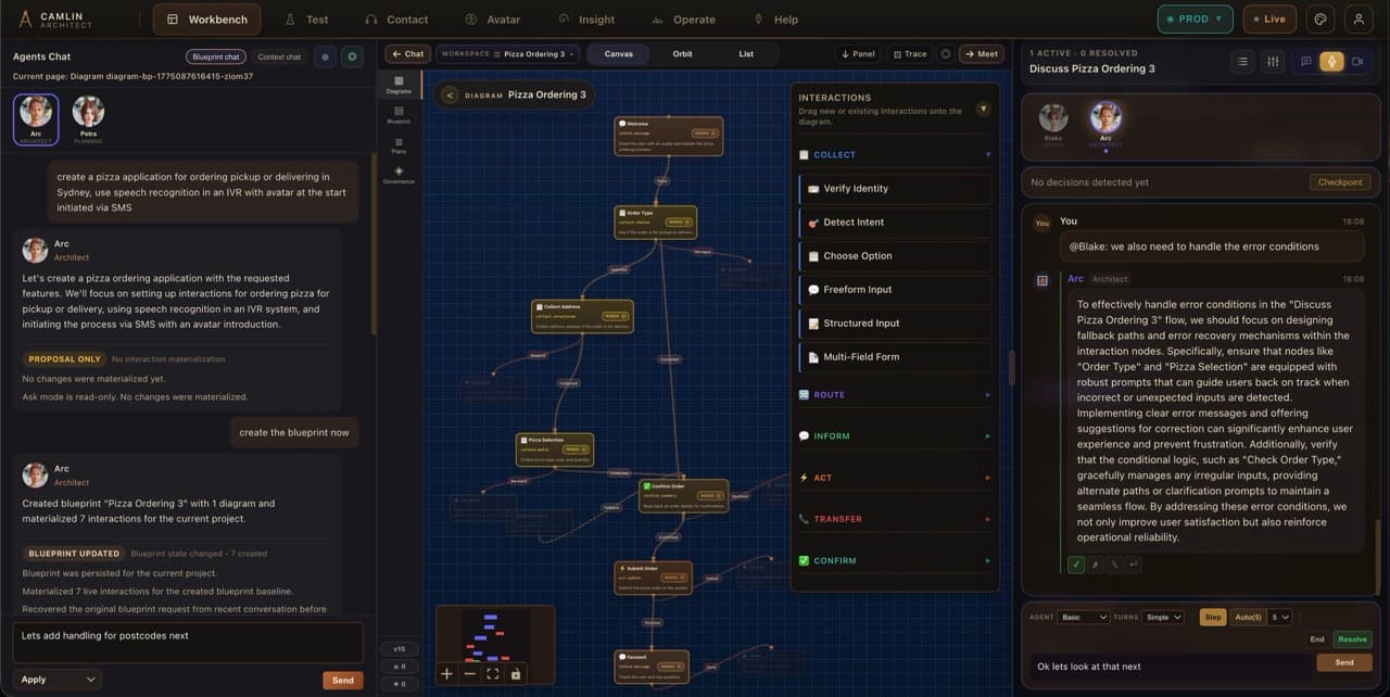 Camlin Architect showing an agent chat, service diagram, interactions, and live meeting panel.
