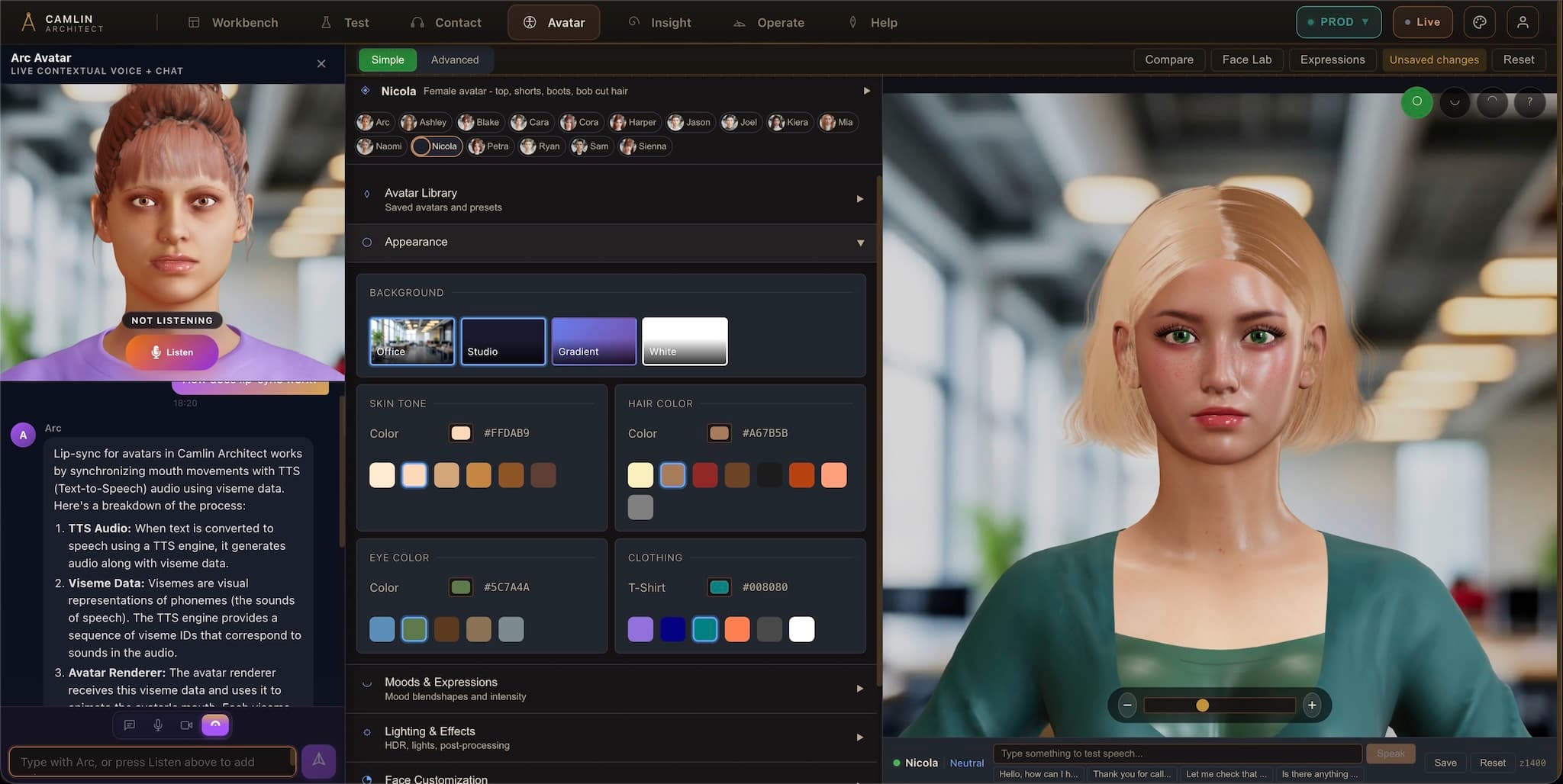 Camlin Avatar editor showing contextual live help, avatar controls, and a live preview.