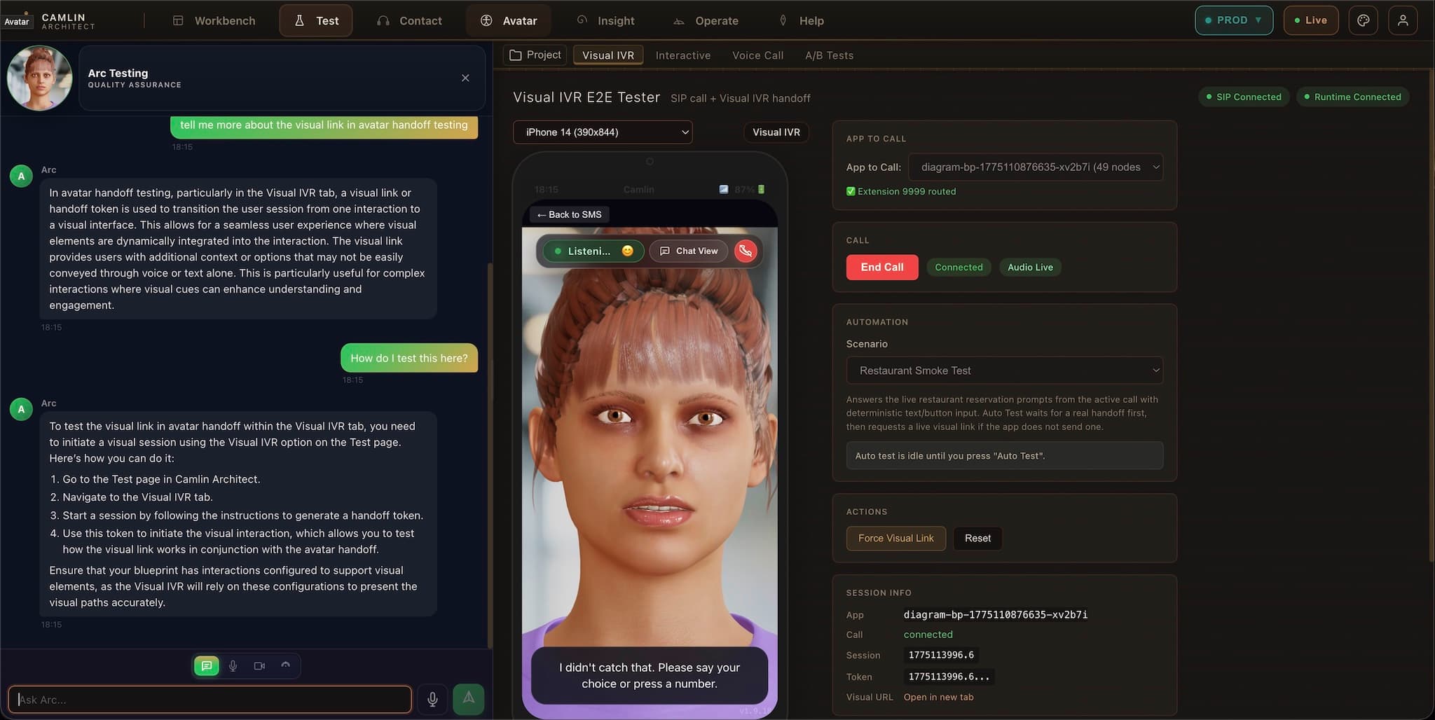 Camlin Avatar visual IVR test showing chat help, a live speaking avatar, and runtime controls.